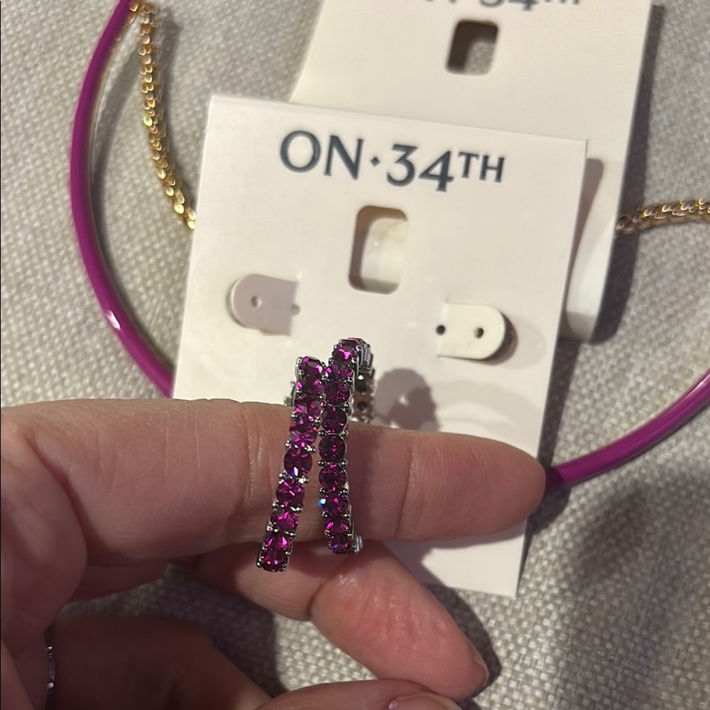 On 34th Pink crystals and silver Earrings and necklace